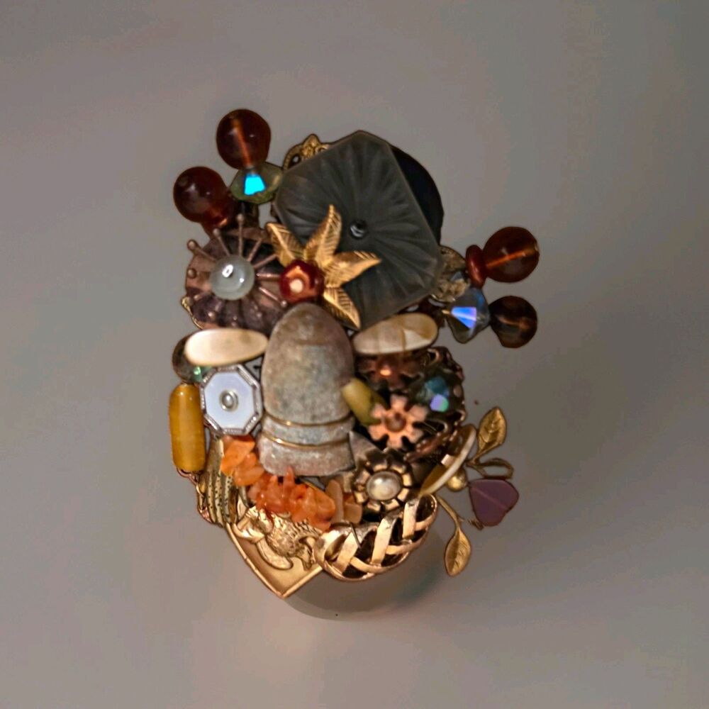 Vintage Artisan Signed Sarah Jane Assemblage Brooch Mixed Media Beads Filigree